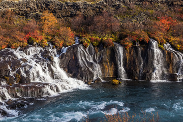 Colorful hraunfossar waterfall, Iceland. Wild autumn landscape