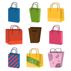 Colourful paper shopping bags isolated on white vector set.