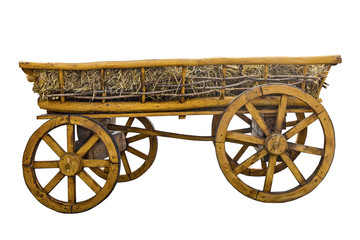 Fototapeta premium Old wooden cart with hay isolated on a white background, retro, history