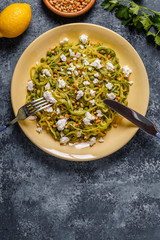 Homemade Zucchini  Zoodles Pasta with Pine nuts and Feta.