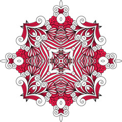 Red ornate geometric symmetrical pattern with intricate detailed swirling shapes over white background