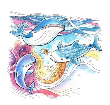 Whales colourful watercolor painting with abstract moving background