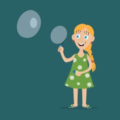 girl inflates soap bubbles, one large the other small. vector illustration, cartoon