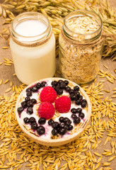 oat grain and oatmeal with fresh fruits