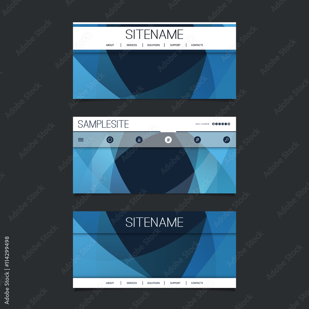 Poster Web Design Elements - Header Design Set with Dark Blue Abstract Transparent Shapes Background