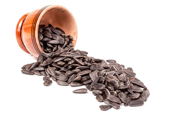 sunflower seeds spill out of wooden barrels on  white background