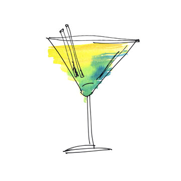 Watercolor And Sketch Summer Cocktail Hand Drawn Illustration