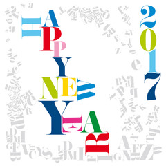 Colorful New Year numerals and typography set on a white background surrounded by numerous grey typefaces