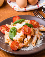 penne with tomato in brown plate