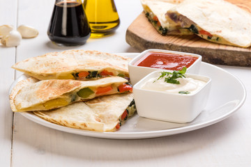 quesadilla slices on white plate