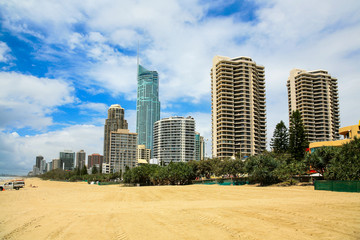 Fototapeta na wymiar Surfers Paradise on the Gold Coast, Australia, with buildings and hotels
