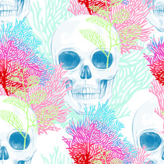 Seamless vector pattern with coral and skull.