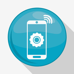 Internet of things represented by smartphone and gear over button. isolated and flat background