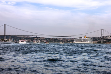 Istanbul bridge sea front view, Bosporus, Turkey.