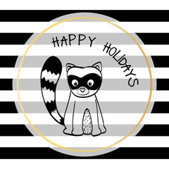 Merry Christmas and happy holidays concept represented by raccoon cartoon icon. striped background