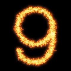 Digit number 9 with fire on black background- Helvetica font based