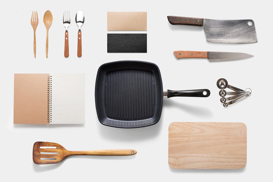 Design concept of mockup arious kitchenware utensils set 