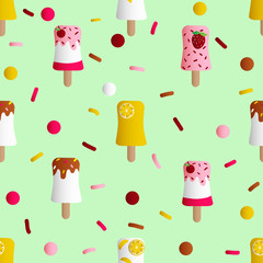 Drawing  of seamless pattern with fruit ice cream in a glaze on a mint background
