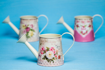 Colorful Metallic Watering Cans with Flower Pattern