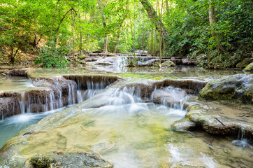 Beautiful waterfall and tropical forests at Erawan National Park is a famous tourist attraction in Kanchanaburi Province, Thailand