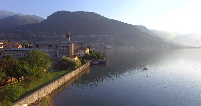 Aerial 4k - Gravedona - Lago di Como - Italy - Chiesa di S. Maria del Tiglio (sec. XII) 