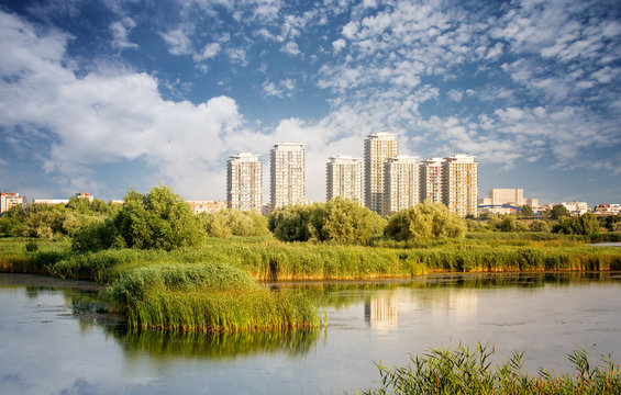 Vacaresti Nature Park - Delta between the blocks with skyscraper