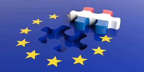 European Union flag, Netherlands flag puzzle piece. 3d illustration