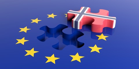 European Union flag, Norway flag puzzle piece. 3d illustration