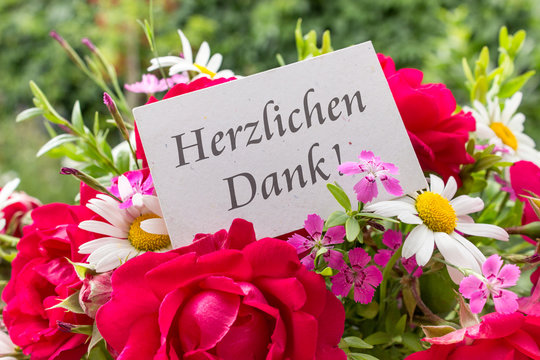 Thank you / Summer flowers and card with German text: Thank you