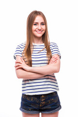 Girl with crossed hands on white. Smile, People emotions concept