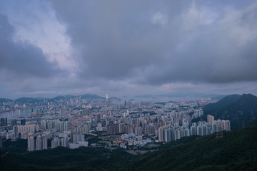 Top view of Hong Kong city in the dawn,view from kowloon peak