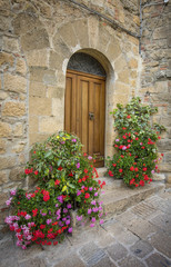 Fototapeta na wymiar door of old building with flowers in Tuscany in Italy