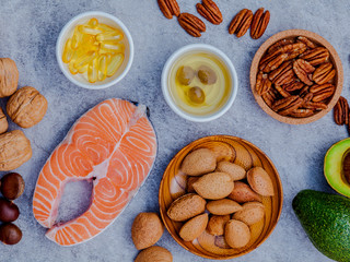 Fototapeta na wymiar Selection food sources of omega 3 and unsaturated fats. Super fo