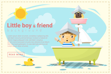 Little boy ship captain and friend background , vector, illustration