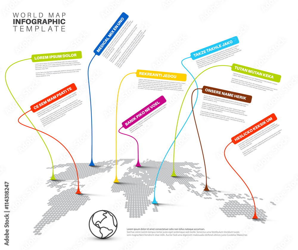 Poster infographic: light world map with pointer marks