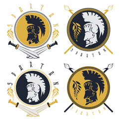 spartan warrior with spears ,swords and shield vintage labels ve