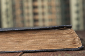 Books in the window with city view. Copy space for text.