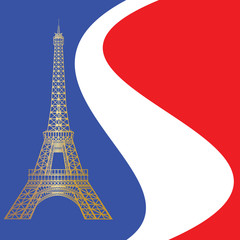 Golden Eiffel tower on the background colors of the flag of France.
