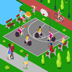 Obraz premium Isometric Basketball Playground. Disabled People Playing Basketball in the Park. Vector illustration