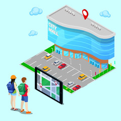Mobile Navigation Isometric Concept. Tourist Searching City Mall with Help of Tablet. Vector illustration