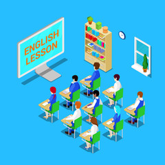 Obraz na płótnie Canvas Online Education Concept. Isometric Classroom with Students on English Lesson. Vector illustration