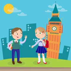 Obraz na płótnie Canvas English Language Learning. Happy Children on Vacation in London. Vector illustration