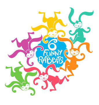 Six Colored Cartoon Funny Rabbits. Silhouette bright multicolored rabbits jump.