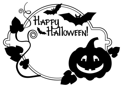 Black and white  frame with Halloween pumpkin and text "Happy Halloween!" Vector clip art.