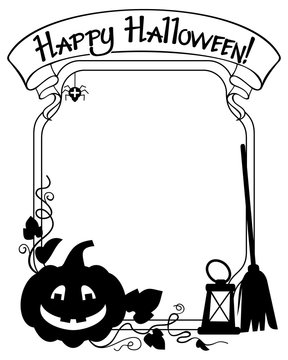 Black and white  frame with Halloween pumpkin and text "Happy Halloween!" Vector clip art.
