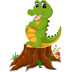 Fototapeta na wymiar Cartoon crocodile posing on tree stump