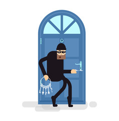 isolated illustration thief, burglar sneaks to door, attacker holding bunch of skeleton keys