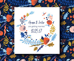Autumn pattern with leaves, berries, flowers and apples. Good for package for juice, cosmetics or menu design. Wedding invitation card