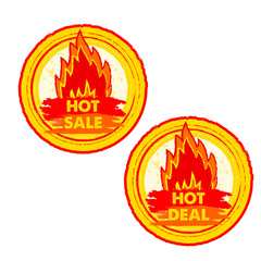 hot sale and deal on fire, yellow and red drawn round labels wit
