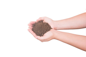 Hand holding soil isolated on white background